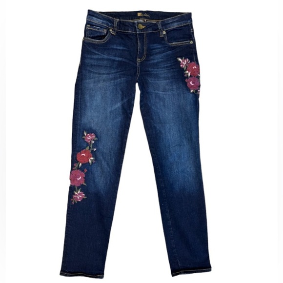Kut from the Kloth Blue Boyfriend Jeans with Floral Embroidery - Picture 1 of 9